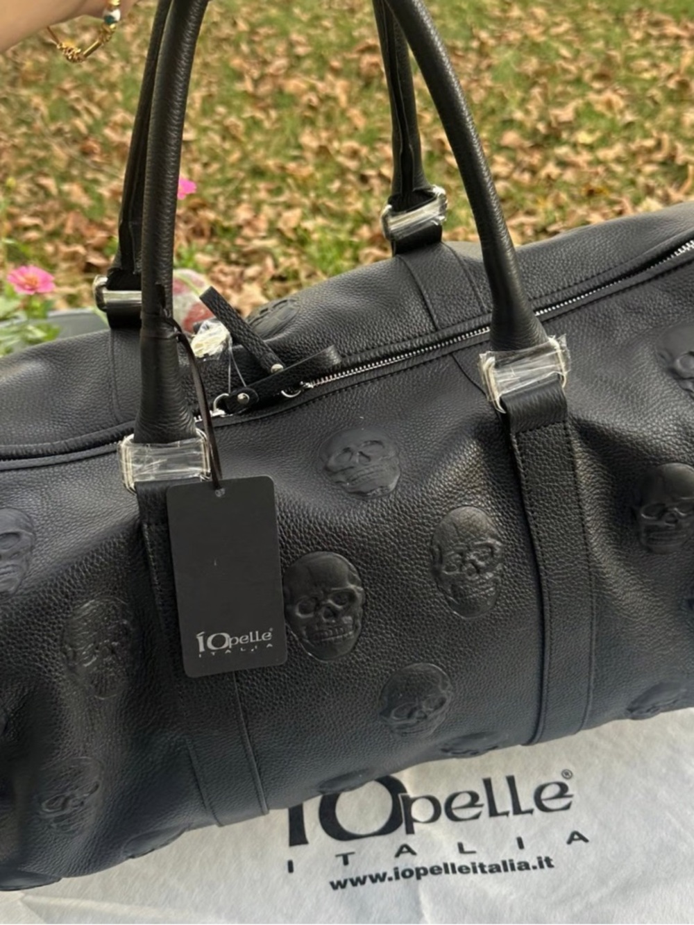 IO Pelle Skull Leather Black Embossed Skull Leather Duffel Bag